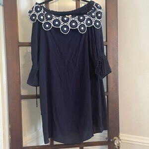 LOFT Navy Blue Circle Lace Off the Shoulder Shift Dress, Size Medium